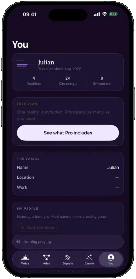 The profile screen, showing the traveller's stats and preferences