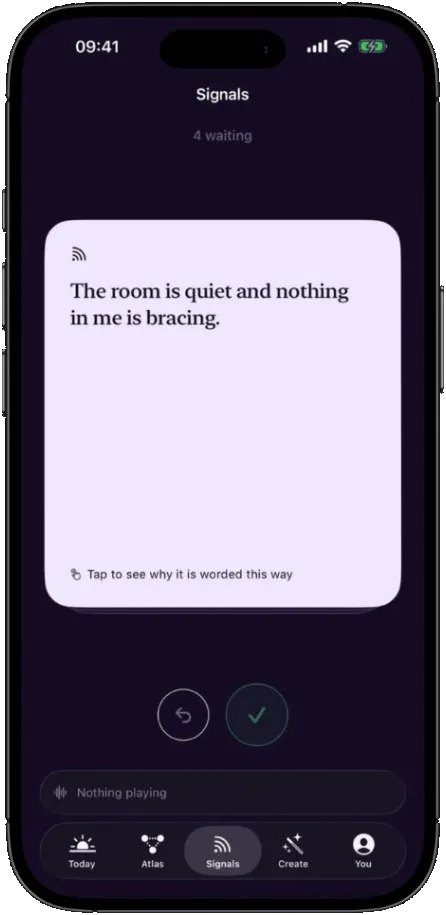 The Signals deck, showing a present-tense statement on a card