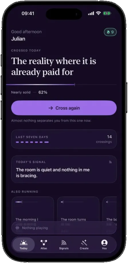 The Today screen, showing a reality at sixty-two per cent convergence and the button to cross into it